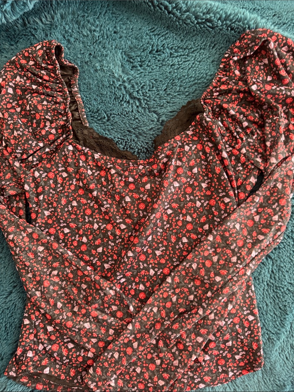 Maeve Red Floral Long-Sleeve Scoop Neck Top on Black